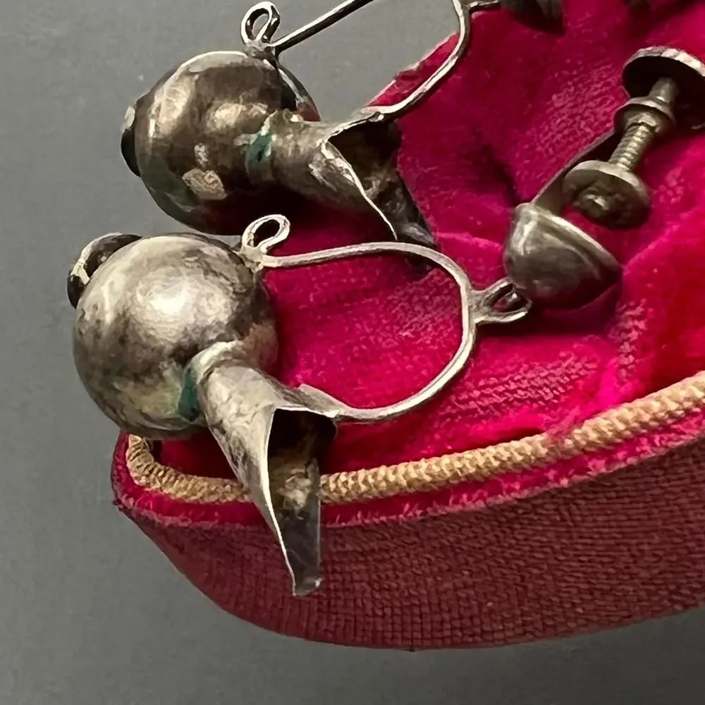 Vintage Mexican Mexico Sterling Silver Pitcher Dangle Screw- back Earrings